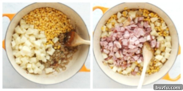 Hearty Ham and Potato Chowder 3 Adding chopped corn and potatoes to the flavorful base in the pot, stirring to combine for the Potato Ham Chowder.
