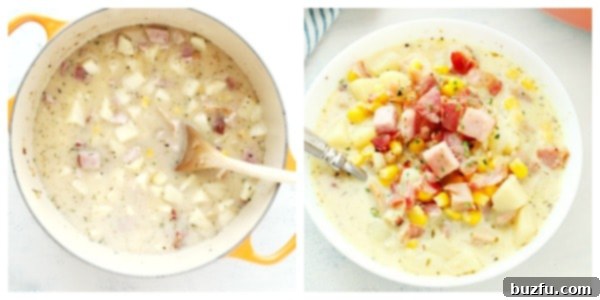 Hearty Ham and Potato Chowder 4 The finished Potato Ham Chowder in a pot, rich and creamy, with melted cheese swirled throughout.