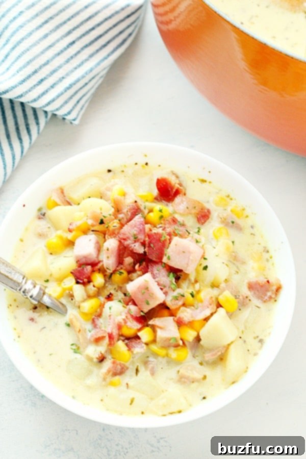Hearty Ham and Potato Chowder 5 A close-up of the rich and creamy Potato Ham Chowder, showcasing the tender ham and potato pieces, in a rustic bowl.
