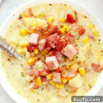 Hearty Ham and Potato Chowder 7 A final close-up of the inviting Potato Ham Chowder in a white bowl, garnished with herbs.