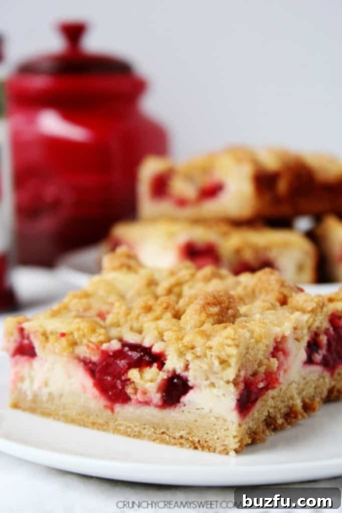 Side shot of one strawberry crumb bar on white plate.
