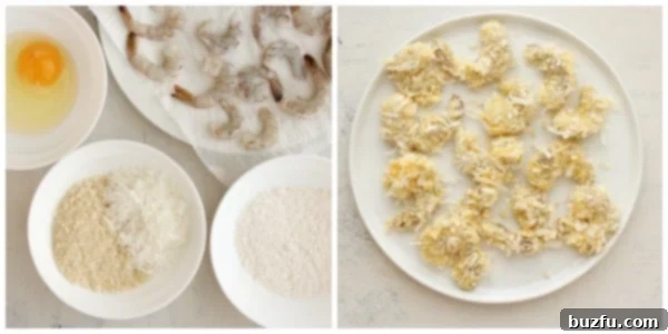 Close-up shot of shrimp being coated in a coconut and Panko breading mixture, demonstrating the breading process.