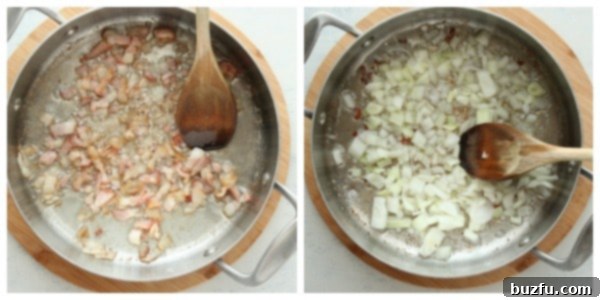 Two step-by-step photos showing bacon frying and onions sautéing in a skillet for fried cabbage.