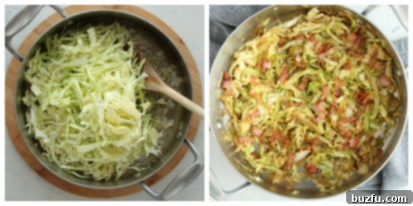 Shredded cabbage frying in a large skillet with onions and bacon grease.
