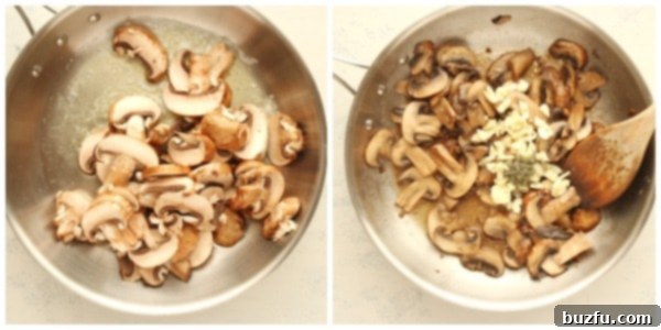 Mushrooms sautéing in a skillet with garlic and thyme, releasing their aroma.