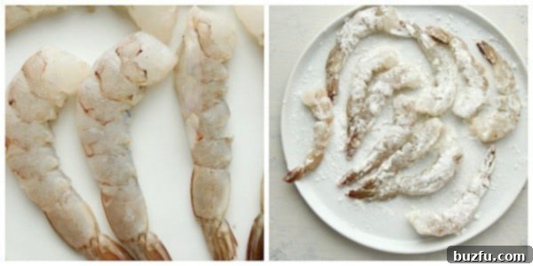 Fresh shrimp on a plate, prepped for tempura.