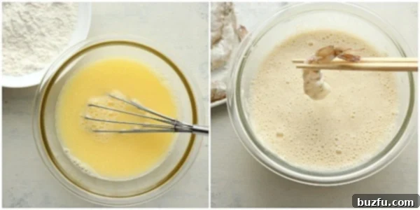 Tempura batter in a bowl, with a fork.