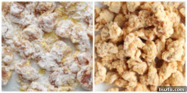 A sequential image showing raw chicken, coated chicken, and chicken frying in hot oil.