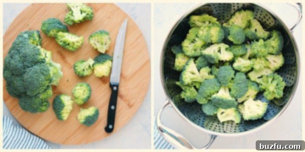 Step 1 of making steamed broccoli, showing florets cut from a head of broccoli.