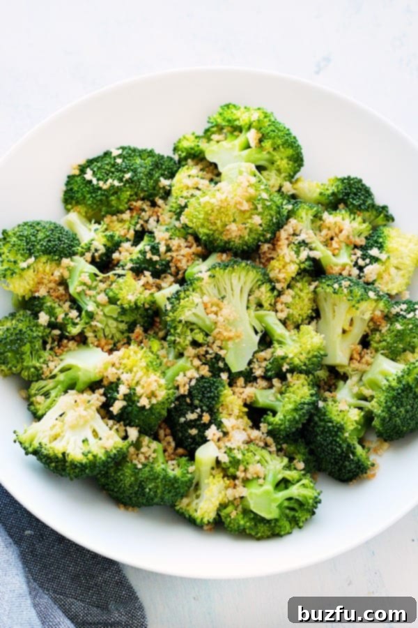 Steamed broccoli topped with golden toasted panko breadcrumbs.