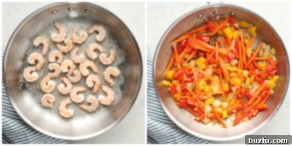 Cook shrimp, then saute veggies. Steps for making stir fry with shrimp.