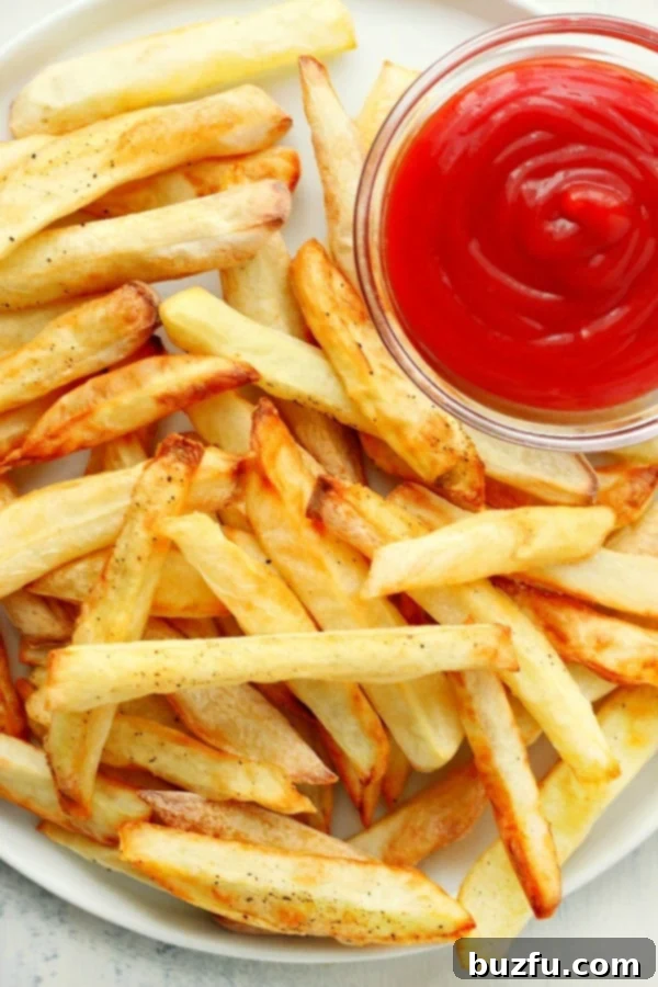Perfectly golden and crispy Air Fryer French Fries on a plate with a side of vibrant ketchup.