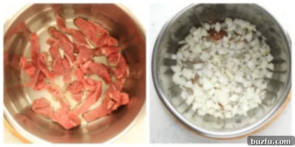 The initial steps of cooking Instant Pot Beef and Broccoli, showing browned beef and sautéed onions in the pressure cooker.