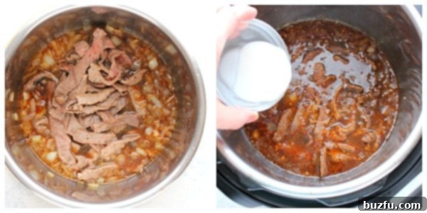 Thickening the sauce and adding broccoli to the Instant Pot Beef and Broccoli.