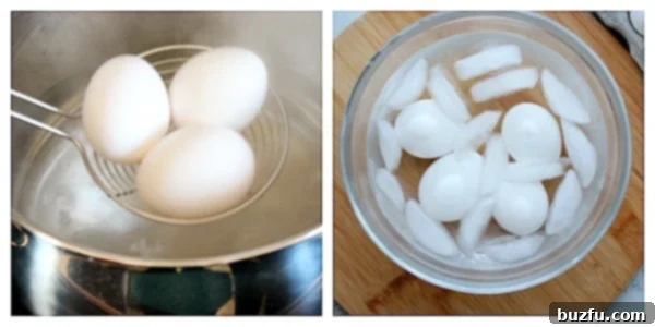 Boil eggs, then place in ice bath. Steps for boiling eggs, including placing them into an ice bath.