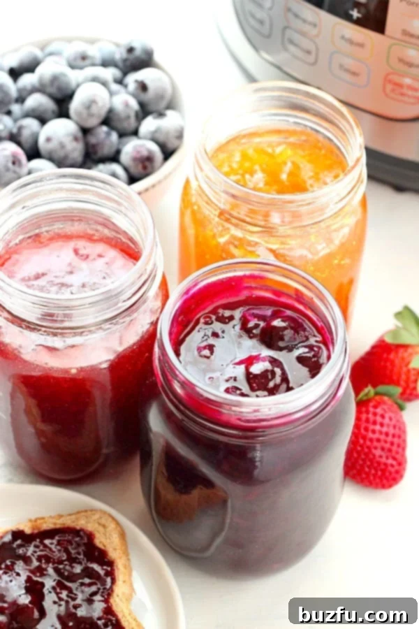 Make this easy fruit jam in your Instant Pot. Assorted fruit jams in glass jars next to an Instant Pot.