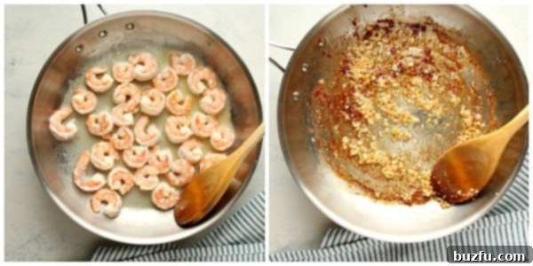 Saute shrimp in skillet.