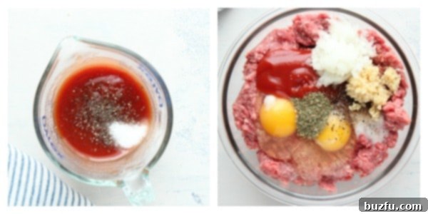 Combine ingredients for meatloaf and the glaze. Meatloaf glaze and ingredients in a bowl.