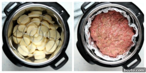 Layer potatoes and meatloaf in the pressure cooker. Potatoes and meatloaf in Instant Pot.