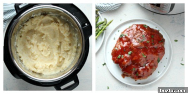 Mash potatoes and glaze the meatloaf. Mashed potatoes and meatloaf on plate.