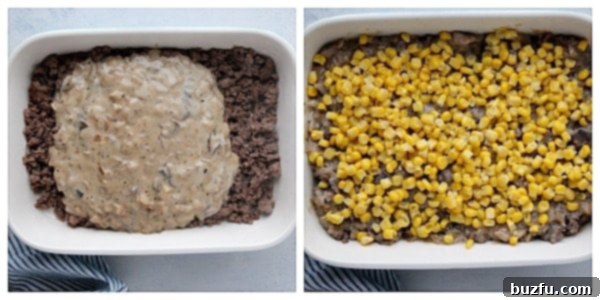 Layered sauce and corn.