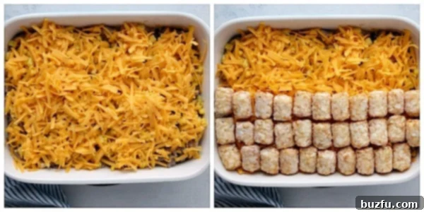 Cheese and tater tot layers.
