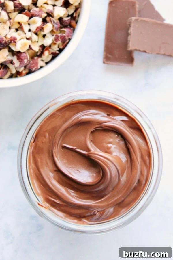 Make the best homemade Nutella in your blender for a fresh and wholesome treat! Homemade Nutella in a jar with scattered hazelnuts, ready for a delicious breakfast.