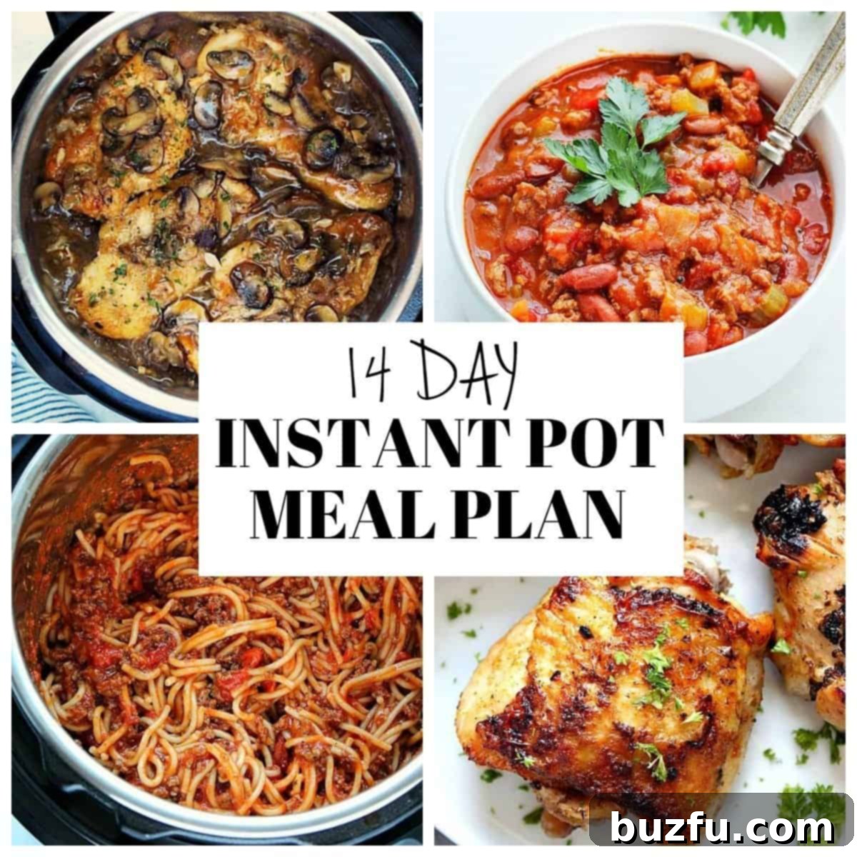 A vibrant collage showcasing various delicious Instant Pot meals, perfect for a 14-day family meal plan.