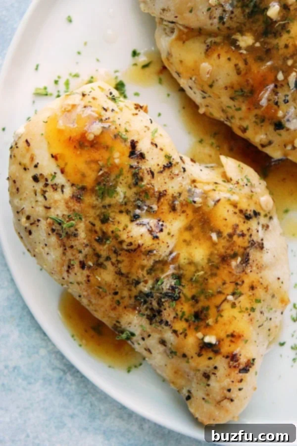 Overhead shot of perfectly cooked Instant Pot chicken breast on a pristine white plate, garnished with fresh herbs.