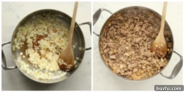 Sautéed onions and garlic with browning ground meat in a skillet, demonstrating the initial steps of homemade Hamburger Helper.