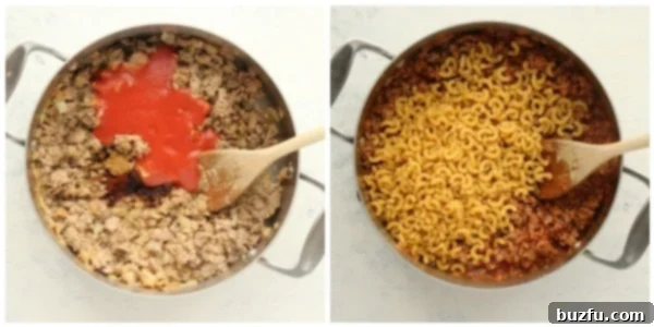Uncooked elbow macaroni and liquid added to the seasoned ground meat and tomato sauce in a skillet, illustrating the next phase of the recipe.