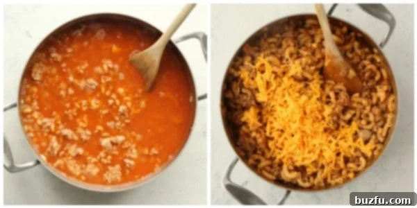 Finished homemade Hamburger Helper, rich with macaroni, meat, and melted cheese, served in a skillet.