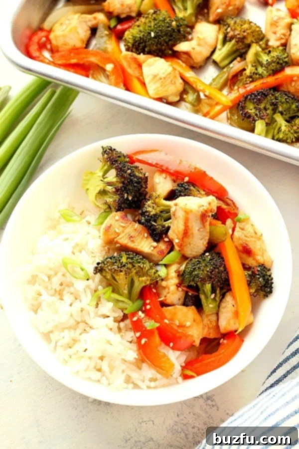 Veggies and chicken with rice in a bowl, showcasing the delicious sheet pan stir fry.