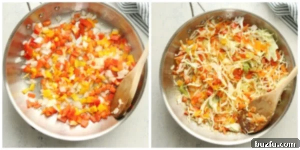 Close-up of vibrant sautéed vegetables, including bell peppers, onions, cabbage, and carrots, cooking in a skillet.