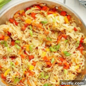 Stir fry with noodles in a skillet.