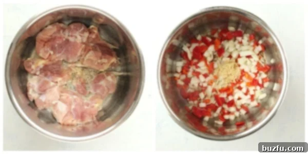 Sautéing chicken and veggies in pressure cooker.