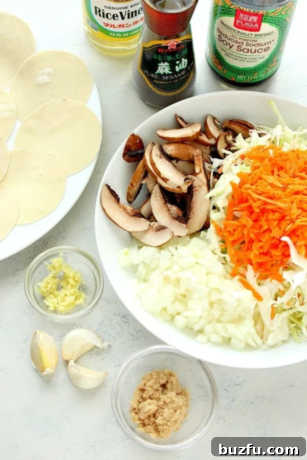 A vibrant assortment of fresh ingredients laid out on a wooden cutting board, including wonton wrappers, baby Bella mushrooms, garlic, ginger, onion, shredded cabbage, and carrots, alongside bottles of rice vinegar, soy sauce, and sesame oil, ready for making Asian potstickers.