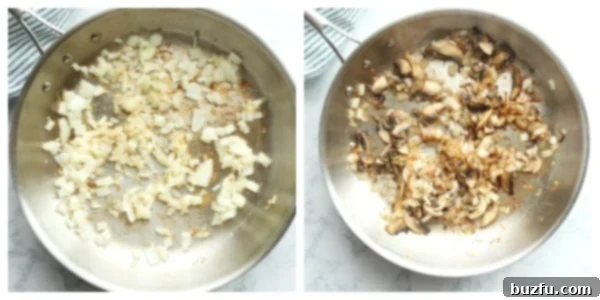 Finely chopped onion and sliced mushrooms sizzling in olive oil within a hot skillet, gently sautéing to release their aromas and flavors.