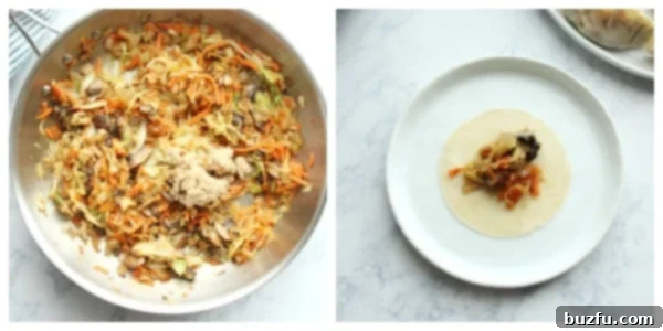 A close-up of a skillet filled with a colorful and seasoned vegetable potsticker filling, consisting of sautéed cabbage, carrots, onion, and mushrooms, ready to be wrapped.