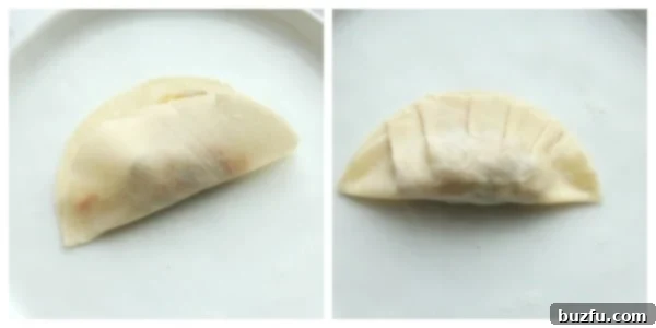A close-up shot showing several neatly folded vegetable potstickers lined up on a plate, showcasing their intricate pleated edges, ready for cooking.