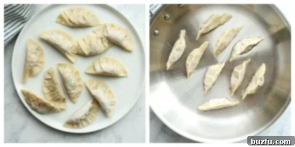 A dynamic image showing vegetable dumplings: some are arranged on a plate with dipping sauce, while others are actively pan-frying and steaming in a skillet, capturing the two-step cooking process.
