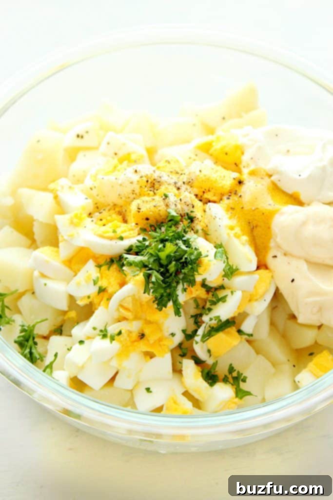 What You Need to Make Delicious Potato Salad in a Pressure Cooker All the pre-measured ingredients for Instant Pot potato salad laid out in bowls, ready for mixing.