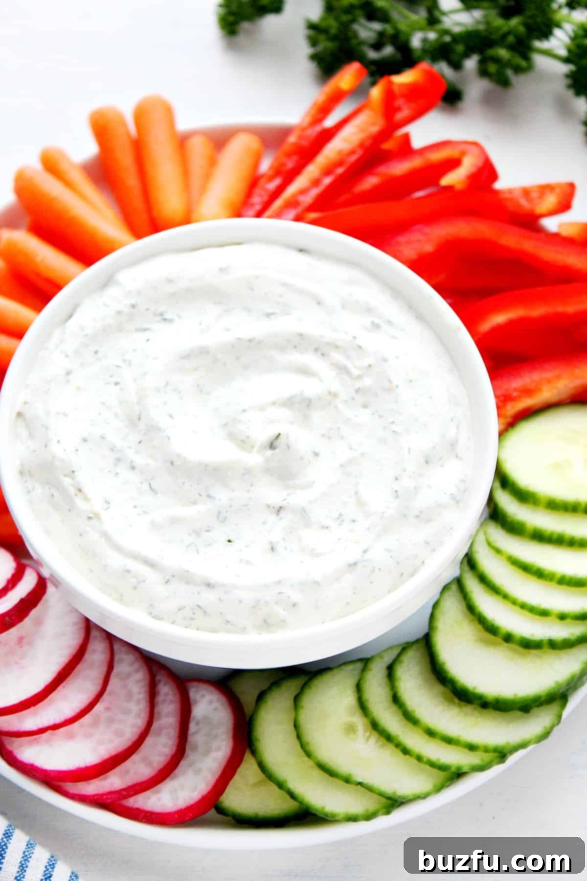 Creamy Veggie Dip in a rustic white bowl, surrounded by an assortment of colorful fresh vegetables like carrot sticks, cucumber slices, bell pepper strips, and broccoli florets, ready for dipping.