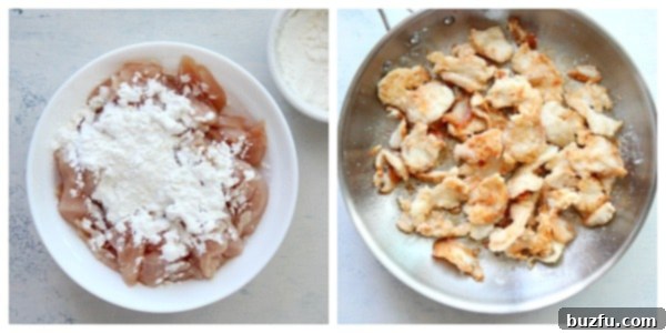 Chicken pieces coated in cornstarch, then frying in a hot skillet for Hunan Chicken.