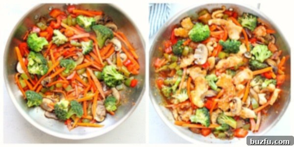 Colorful bell peppers, broccoli, carrots, and mushrooms sautéing in a skillet.
