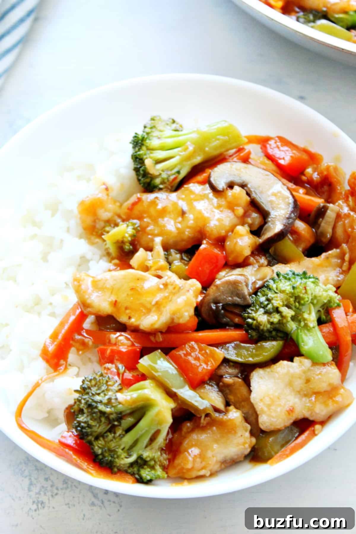 A bowl of Hunan Chicken served with fluffy white rice, ready to be enjoyed.