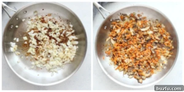 Step 1 and 2 of making Kimchi Fried Rice. Sauteeing veggies in a skillet. A close-up shot of chopped onions, garlic, ginger, mushrooms, and carrots being sautéed in a large skillet.