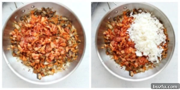 Step 3 and 4 of Kimchi Fried Rice. Kimchi and rice added to veggies. A vibrant mixture of kimchi, rice, and vegetables being stir-fried in a pan.