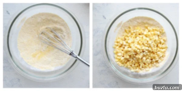 Step 1 and 2 of making corn fritters. Dry ingredients and fresh corn in a bowl, ready to be mixed.