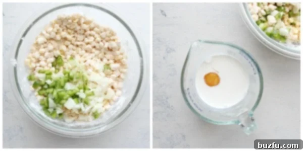 Step 3 and 4 of making corn fritters. Chopped peppers and a bowl of wet ingredients (egg and half-and-half) on a wooden board.